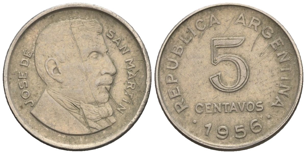 Аргентина 5 сентаво 1956 генерал Хосе де Сан Мартин KM 50, Schon 49a.2 сталь плакированная никелем    4609-1157