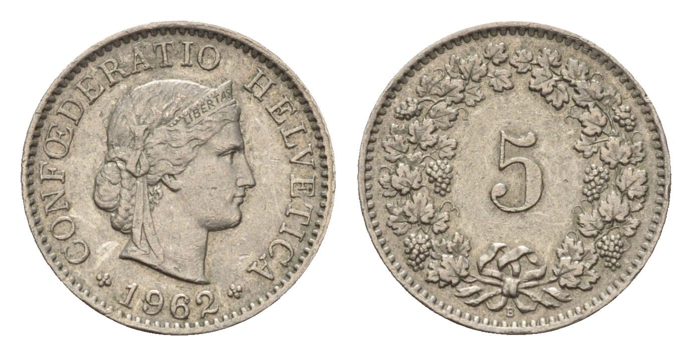 Швейцария 5 раппенов 1962 B KM 26 медно-никель 188-1026