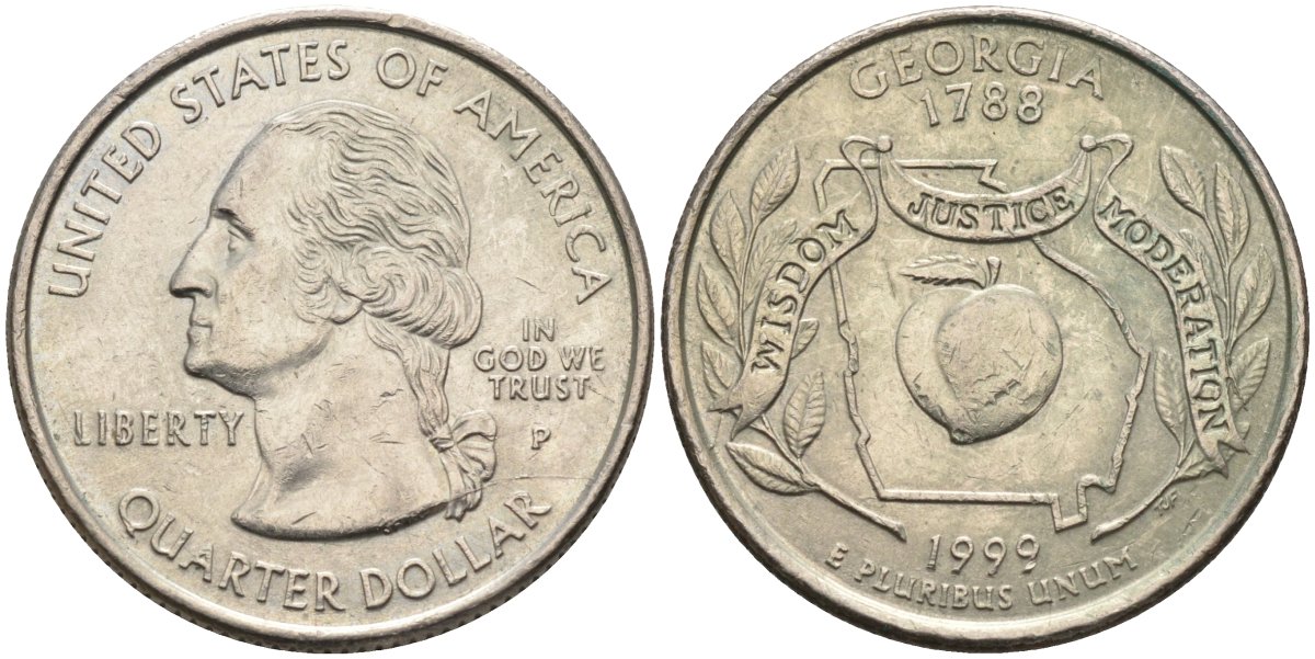 США 25 центов = квотер 1999 Р, серия штаты США, Джорджия KM 296 медь плакированная медно-никелем 4586-114