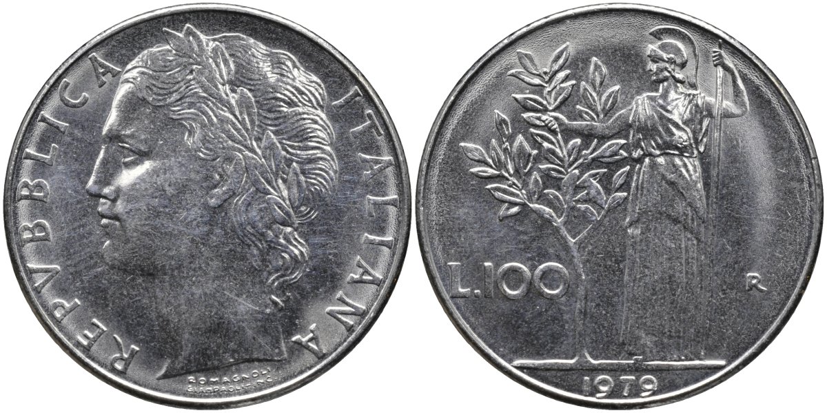 Италия 100 лир 1979 R, Афина в доспехах KM 96.1 нержавеющая сталь 4165-233