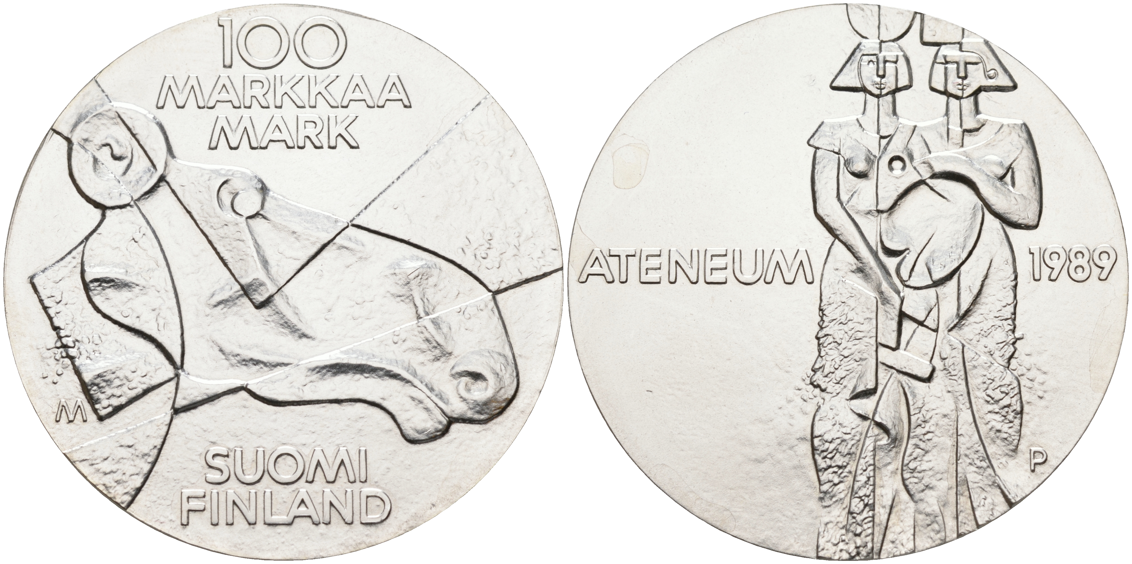 Финляндия 100 марок 1989 Центральный художественный музей Атенеум, лось KM 75 серебро UNC 1525-1335