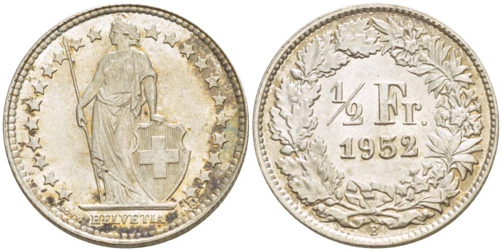 Швейцария 1/2 франка 1952 В KM 23 серебро 4532-1023