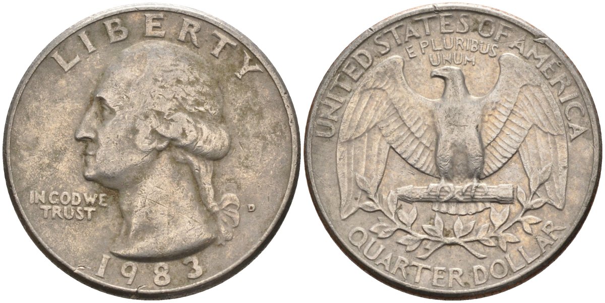 США 25 центов = квотер 1983 D, Вашингтон KM A164a медь плакированная медно-никелем 4584-1211