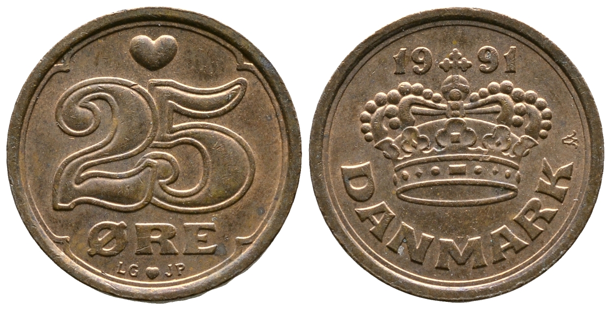 ДАНИЯ 25 ЭРЕ 1991 LG; JP; A, МАРГРЕТЕ II (1972-) KM 868.1 бронза 4110-1725