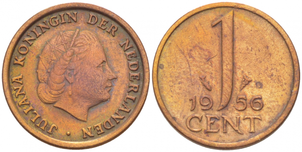 НИДЕРЛАНДЫ 1 ЦЕНТ 1956 ЮЛИАНА KM 180 бронза 3955-235