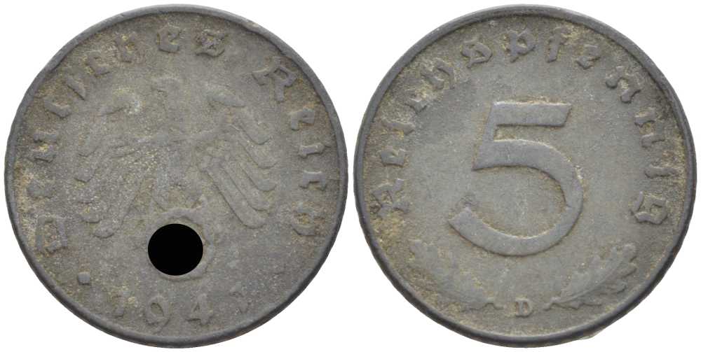 ГЕРМАНИЯ 5 РЕЙХСПФЕННИГОВ 1941 D KM 100, J. 370 цинк 105-228