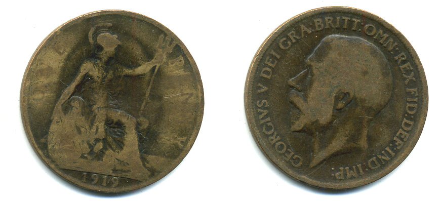 Великобритания 1 пенни 1919 Георг V (1910-1936) KM 810, Spink 4051 бронза 41-246