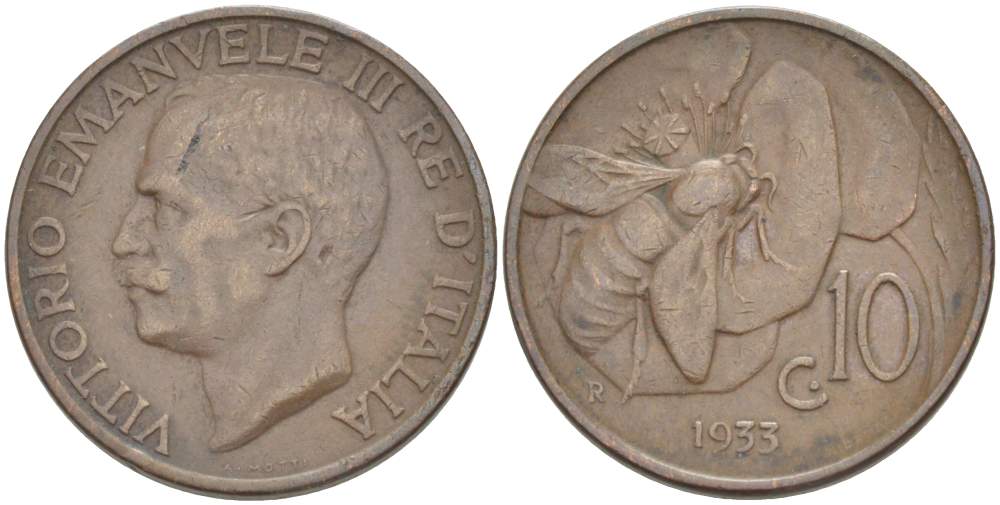 ИТАЛИЯ 10 ЧЕНТЕЗИМО 1933 R, МОНДВОР РИМ, ВИКТОР ЭММАНУИЛ III (1900-1946) KM 60 медь 4525-321