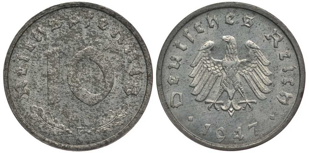 Германия 10 рейхспфеннигов 1947 F, оккупация Германии союзными войсками J. 375, KM A104 цинк UNC 4127-1233