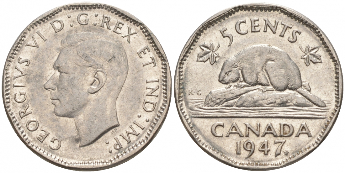 Канада 5 центов 1947 бобр Maple leaf, Георг VI (1936-1952) KM 39a никель 73-1243