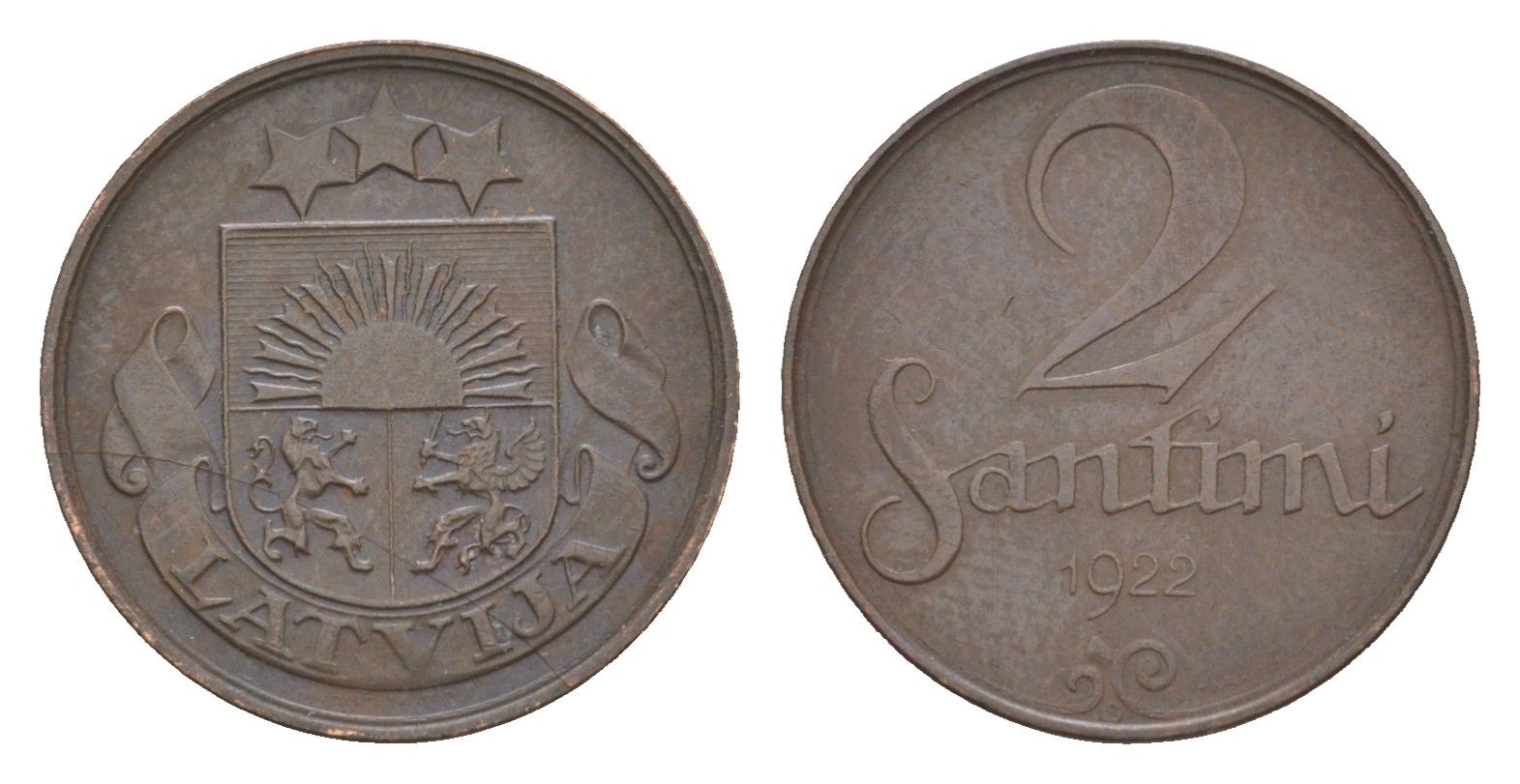 Латвия 2 сантима 1922 KM 2 бронза 4658-1135