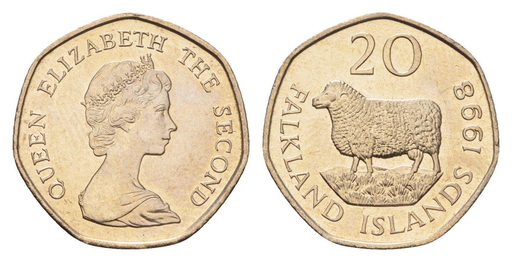 Фолклендские острова (Фолкленды) 20 пенсов 1998 Елизавета II (1952-2022), овца Ромни-марш KM 17 медно-никель  UNC  4675-223
