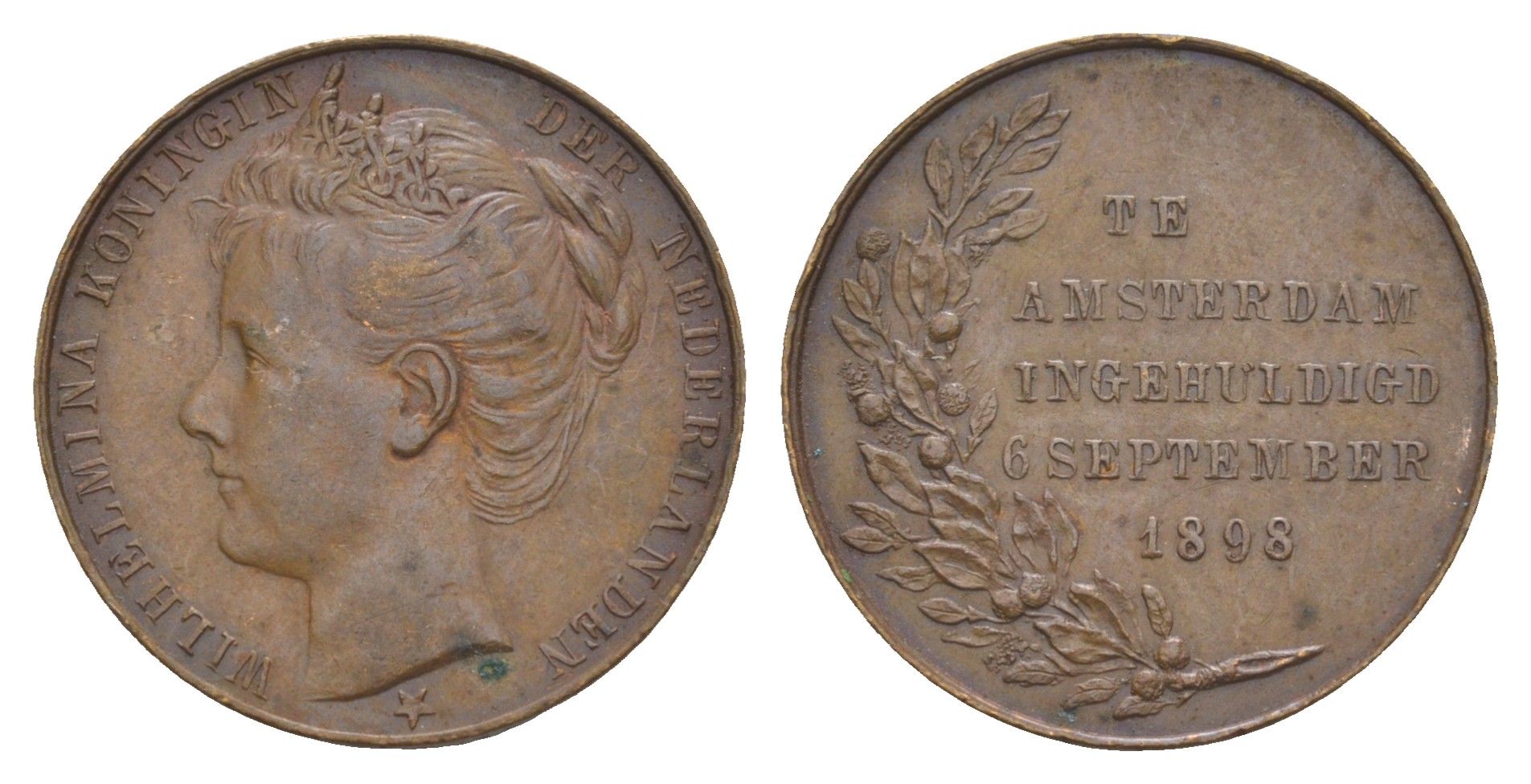Нидерланды медаль "Коронация Вильгельмины " 1898 Коронация Вильгельмины 6 сентября 1898 года на престол Нидерландов, диаметр 23,8 мм, вес 7,14 гр медь 4044-1133