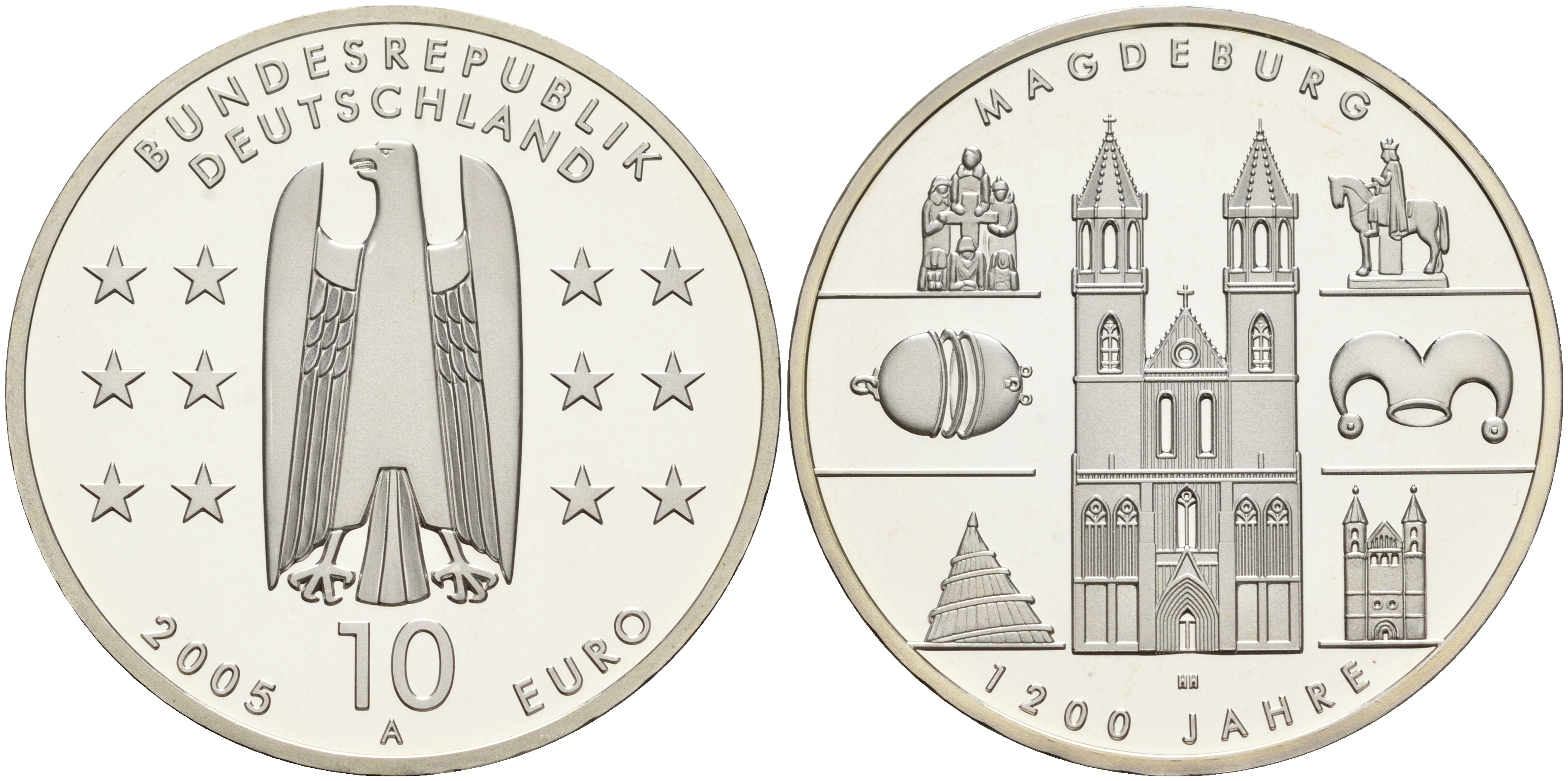 ФРГ 10 евро 2005 А, 1200 лет городу Магдебургу КМ 240, DE.S. 10.22 серебро PROOF 1076-3-42