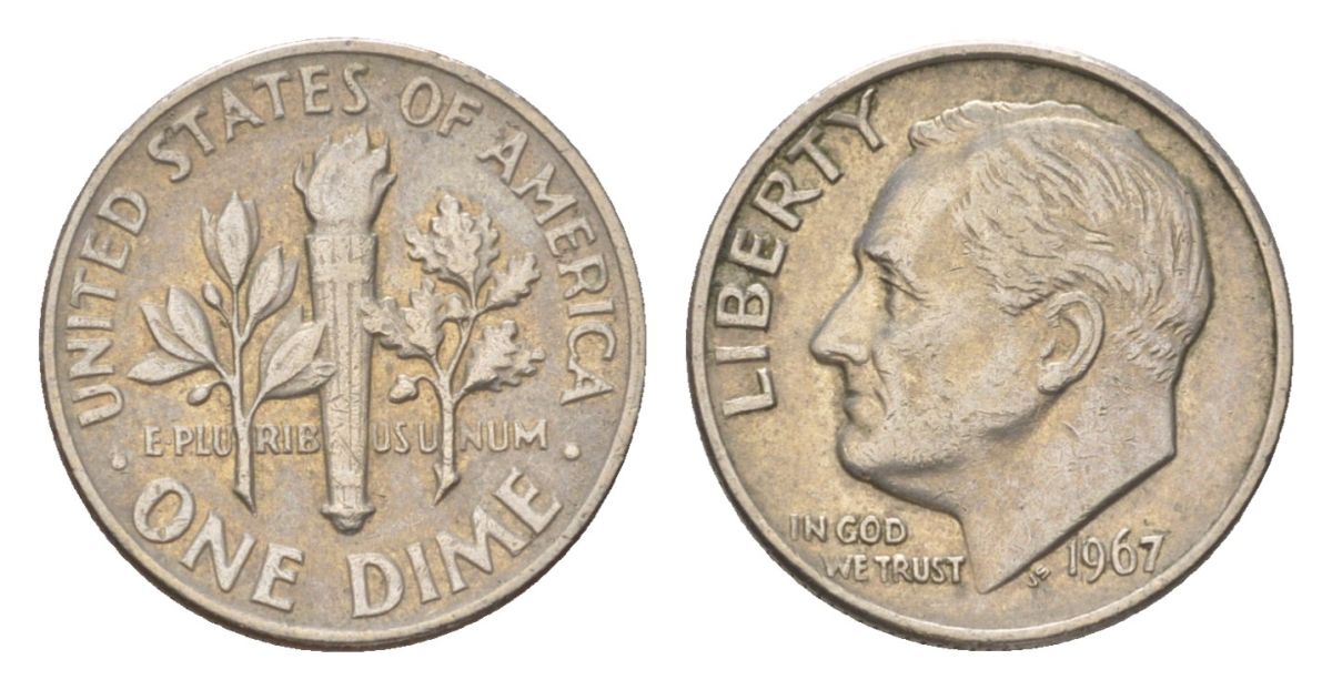 США 10 центов (дайм) 1967 Рузвельт KM 195a медь плакированный медно-никелем 4627-1113