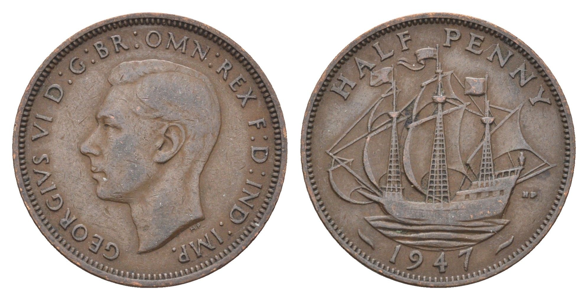 Великобритания 1/2 пенни 1947 Георг VI (1936-1952) KM 844, Spink 4115 бронза    4660-624