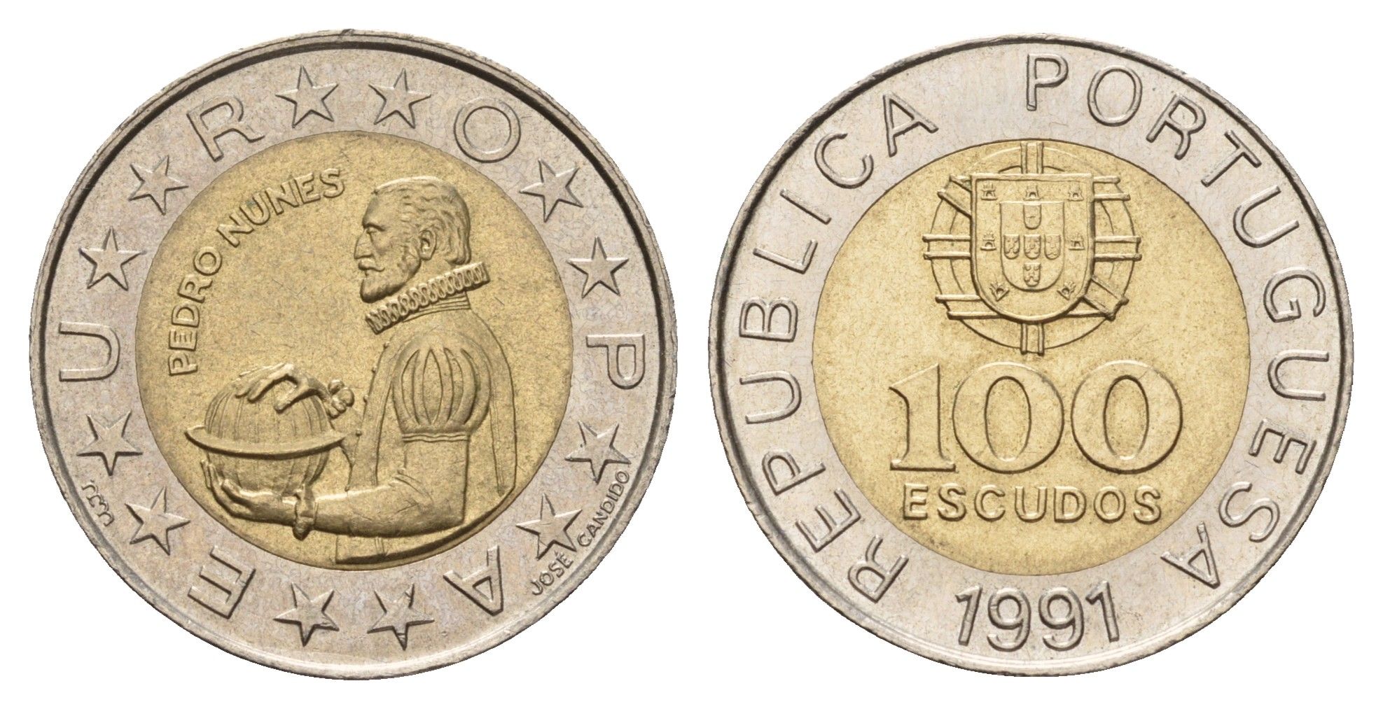 Португалия 100 эскудо 1991 Педру Нуниш (1502-1578), математик KM 645 биметалл 4675-342