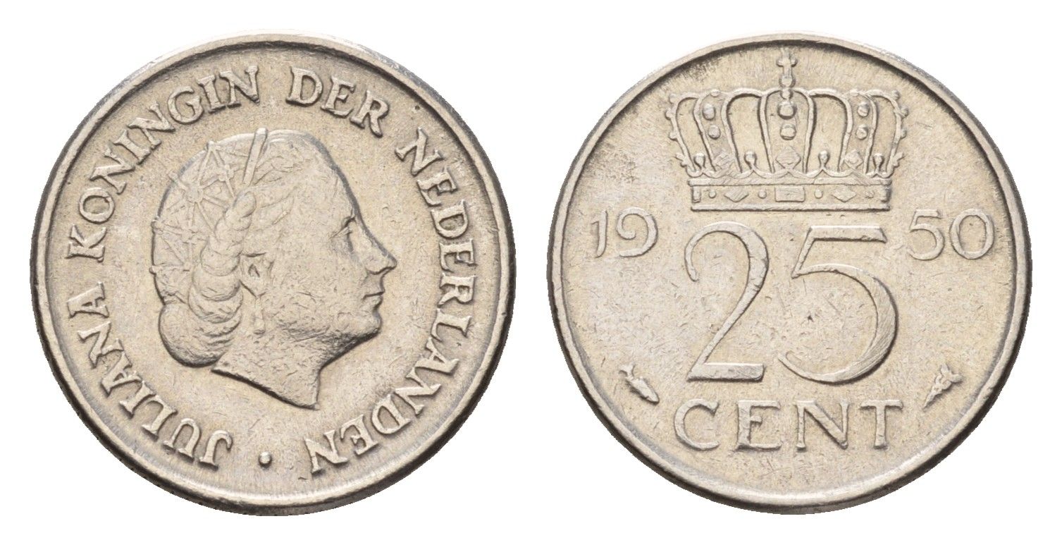 Нидерланды 25 центов 1950 Юлиана (1948-1980) KM 183 никель 4658-752