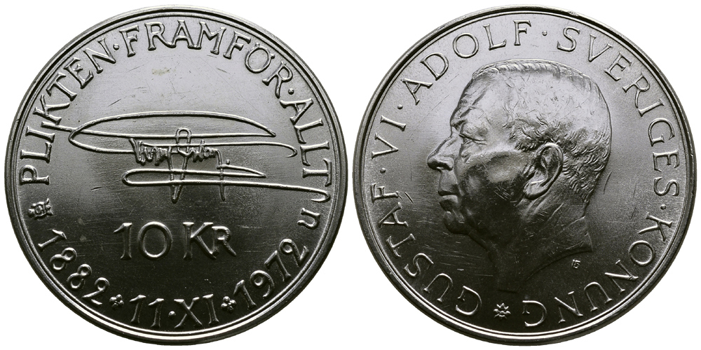 Швеция 10 крон 1972 U, 90 лет со дня рождения Густава VI Адольфа KM 847 серебро UNC 1521-514