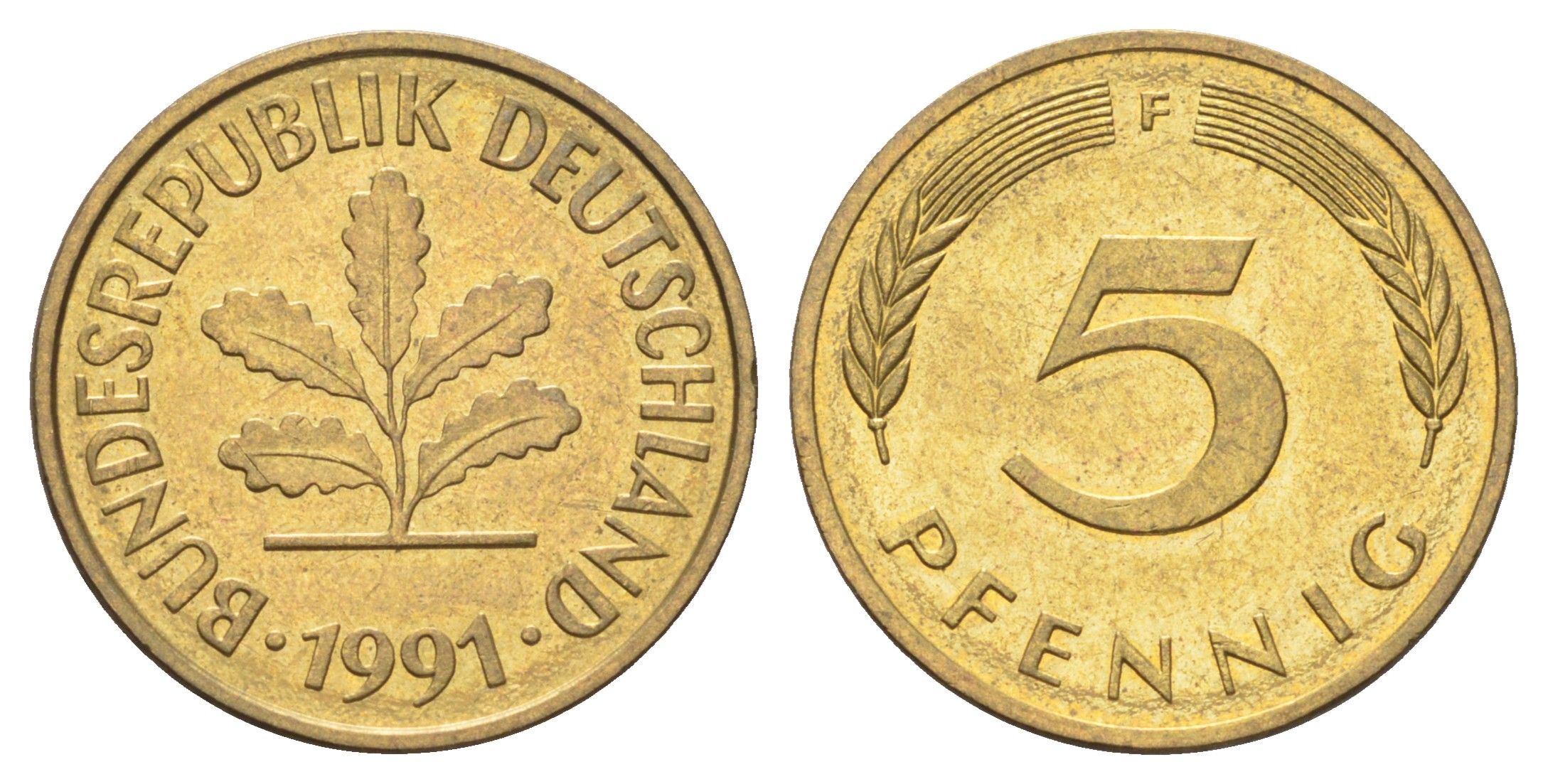 ФРГ 5 пфеннигов 1991 F KM 107, J. 382 сталь плакированная латунью aUNC 4697-554