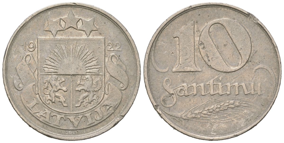Латвия 10 сантимов 1922 KM 4 никель 96-1113