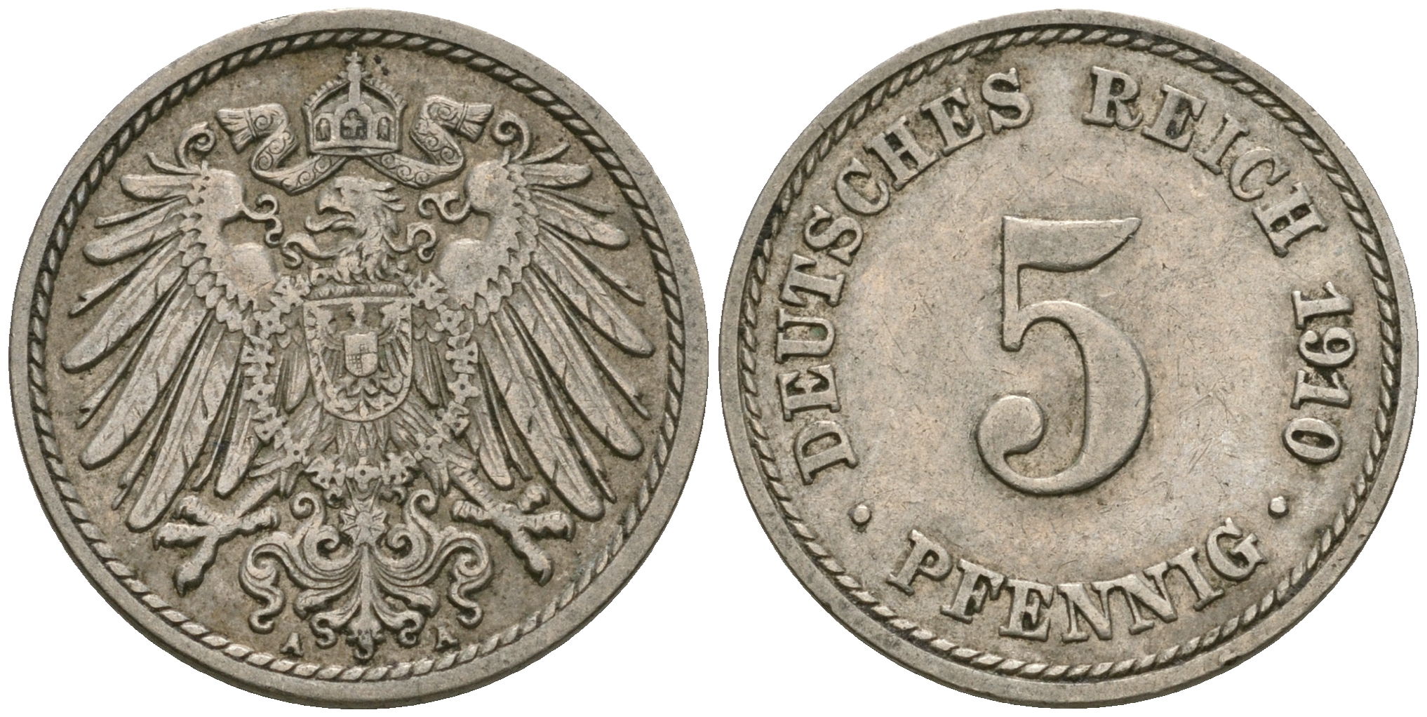 Германия 5 пфеннигов 1910 A, KM 11, J. 12 медно-никель 4608-929