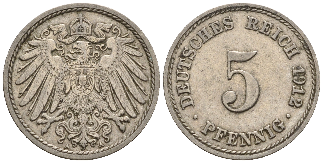 Германия 5 пфеннигов 1912 A, KM 11, J. 12 медно-никель 220-612