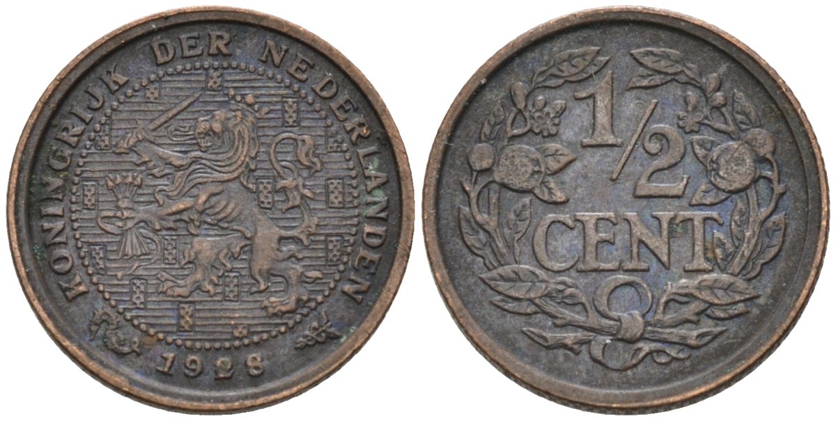 Нидерланды 1/2 цента 1928 Вильгельмина (1890-1948) KM 138 бронза 4576-463