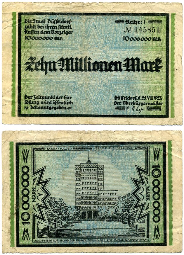 ДЮССЕЛЬДОРФ 10000000 марок (10 миллионов) 1923 25 августа 1923, нотгельд, земля Северный Рейн-Вестфалия, REIHE I Keller 1150t бумага 2193-32-2-2