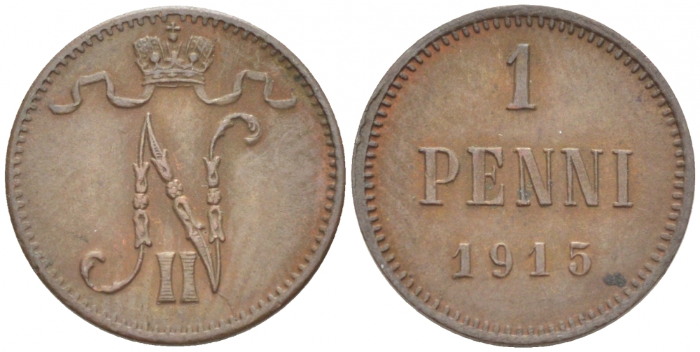 РОССИЯ ДЛЯ ФИНЛЯНДИИ 1 ПЕННИ 1915 НИКОЛАЙ II KM 13, Биткин 475 медь 4396-1447
