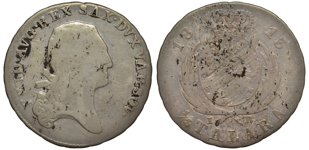 ПОЛЬША 1/3 ТАЛАРА 1813 IB, ФРИДРИХ АВГУСТ, ПРУССКИЙ (1807-1814) KM 86, Kopicki 3697 серебро 441-624