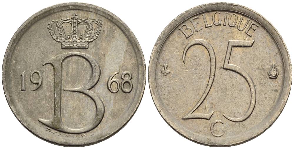 Бельгия 25 сантимов 1968 Belgique, Бодуэн I (1951-1993) KM 153.1 медно-никель 4528-1022