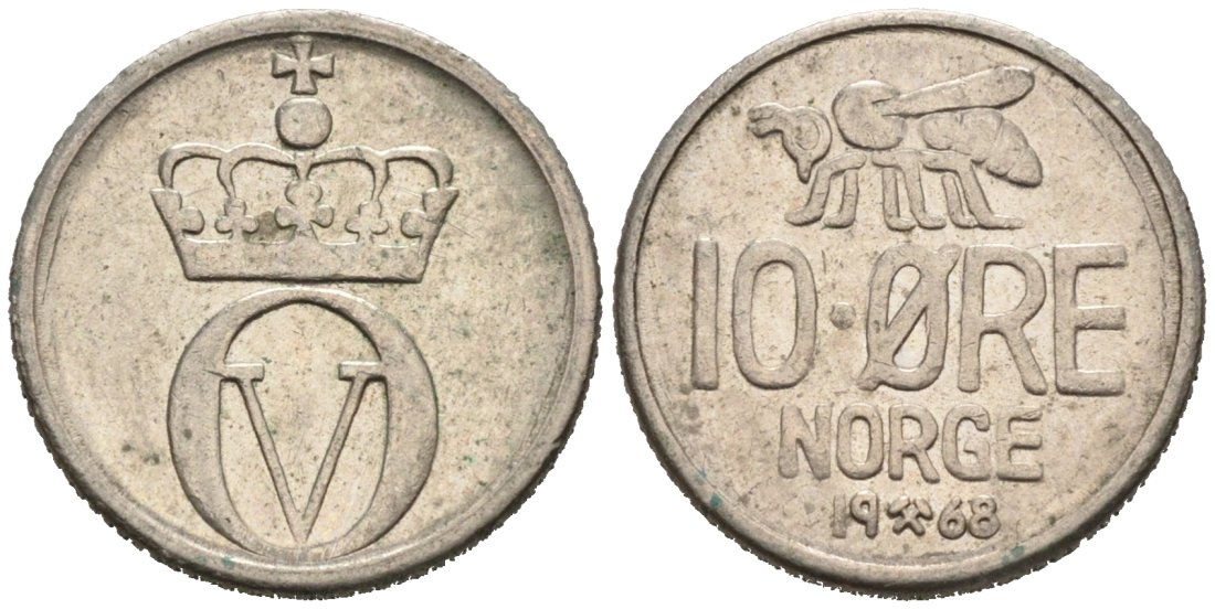 Норвегия 10 эре 1968 пчела, Улаф V (1958-1991) KM 411 медно-никель 4564-826