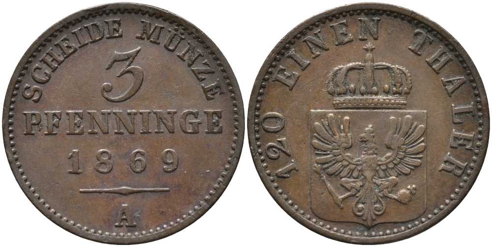 ПРУССИЯ 3 ПФЕННИГА 1869 А, ВИЛЬГЕЛЬМ I (1861-1888) KM 482 медь 4448-1121