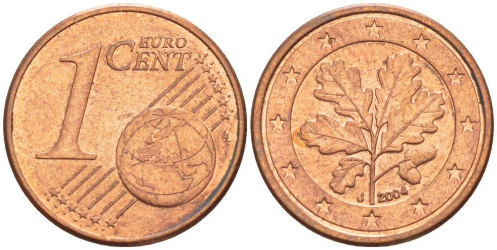 ГЕРМАНИЯ 1 ЕВРОЦЕНТ 2004 J KM 207 сталь плакированная медью 4532-726