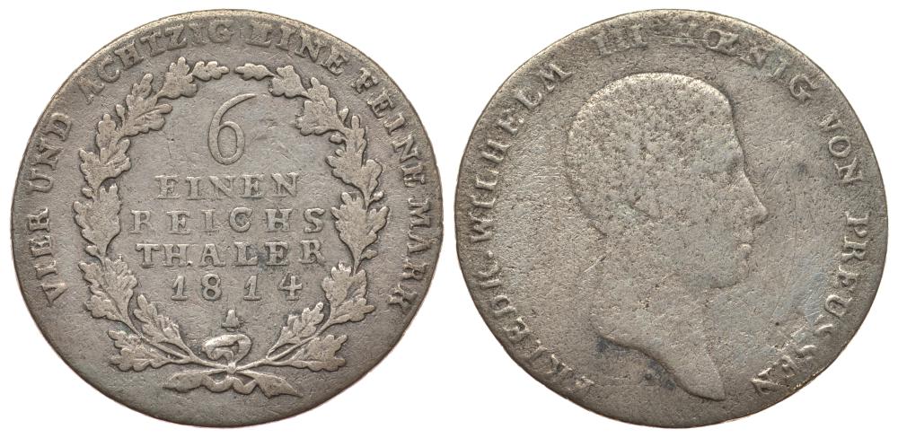 Пруссия 1/6 рейхсталера 1814 A, Фридрих Вильгельм III (1797-1840) KM 385 серебро     1522-1143