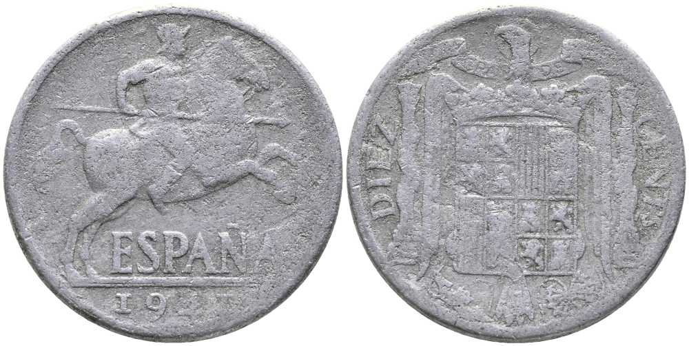 ИСПАНИЯ 10 СЕНТИМО 1941 РЫЦАРЬ НА КОНЕ KM 766 алюминий 110-921