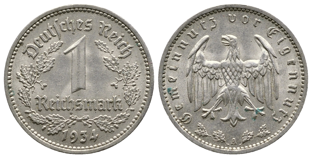 ГЕРМАНИЯ 1 РЕЙХСМАРКА 1934 А KM 78, J. 354 никель 4380-533