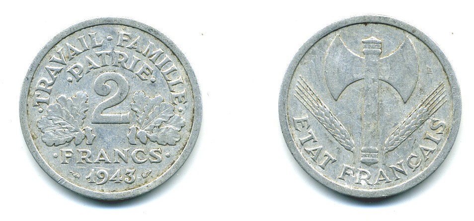 Франция 2 франка 1943 правительство Виши KM 904.1 алюминий 54-1222