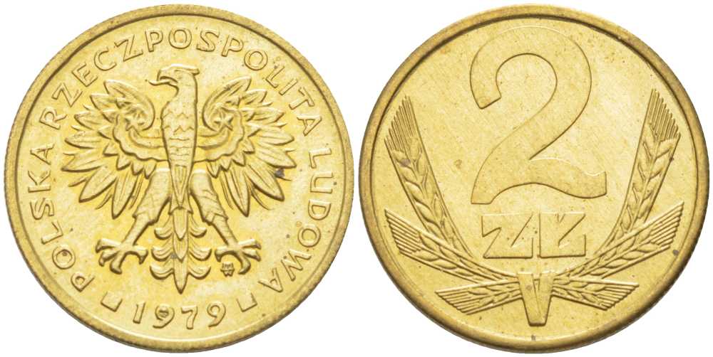 Польша 2 злотых 1979 MW KM 80.1 латунь UNC 60-222