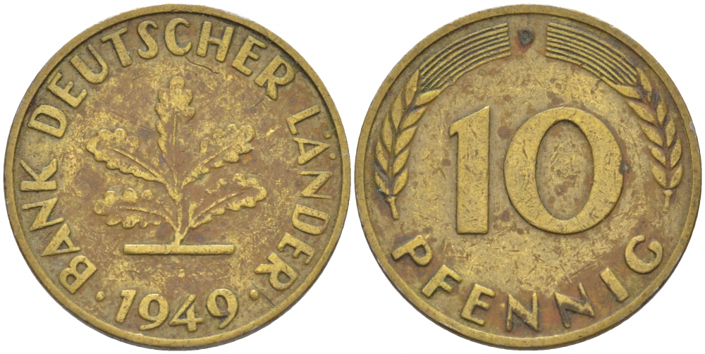 ФРГ 10 ПФЕННИГОВ 1949 D KM 103, J.378 сталь плакированная латунью 113-1045