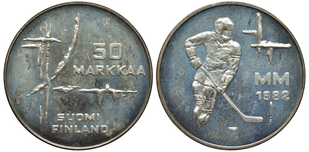 Финляндия 50 марок 1982 K-T, чемпионат мира по хоккею KM 60 серебро 1530-1443