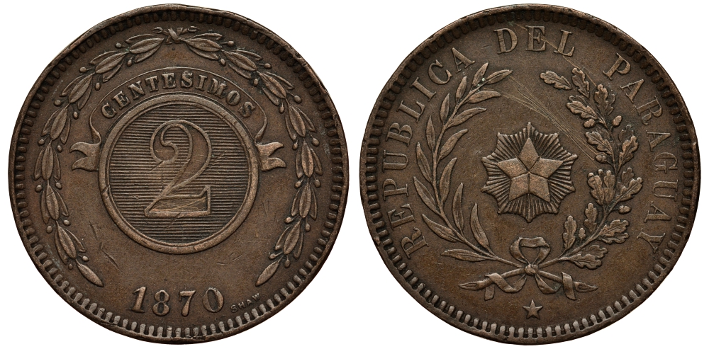 Парагвай 2 сентесимо 1870 KM 3 медь 4380-732