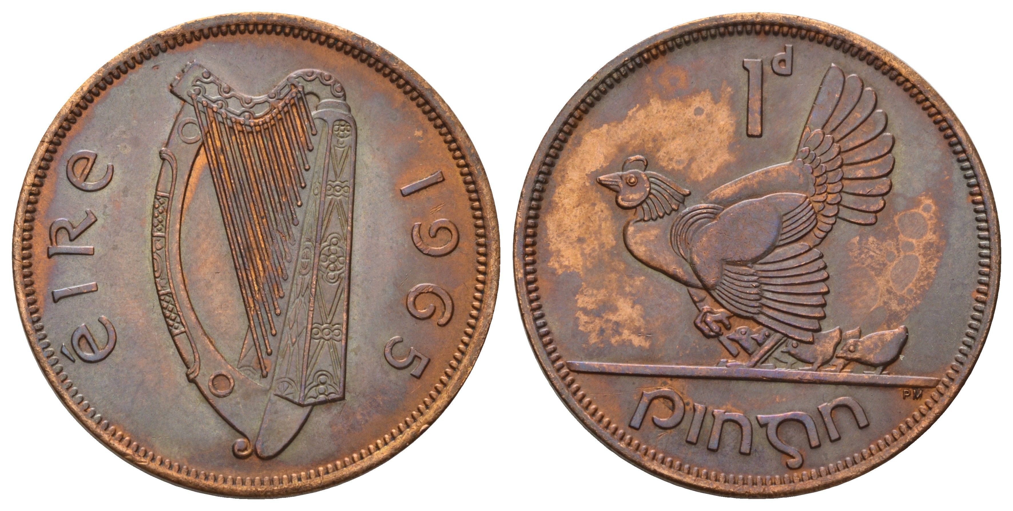 Ирландия 1 пенни 1965 курица с цыплятами KM 11 бронза 4512-1232