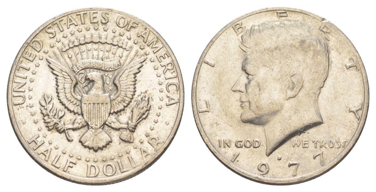 США 1/2 доллара (50 центов) 1977 D, Джон Кеннеди KM A202b медь плакированная медно-никелем aUNC 4536-1133