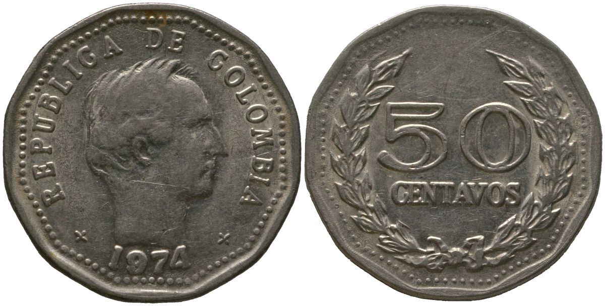 Колумбия 50 сентаво 1974 KM 244 сталь плакированная никелем 4529-846