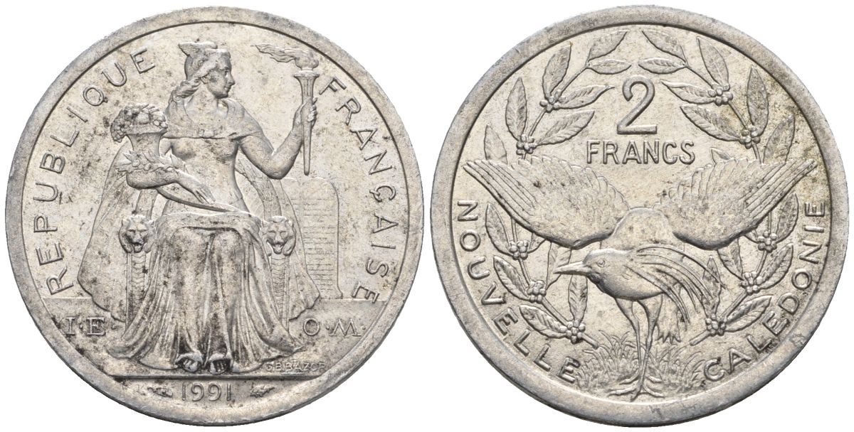 Французская Новая Каледония 2 франка 1991 птица кагу, (IEOM) KM 14, Schoen 11, Lec 67 алюминий    23-654
