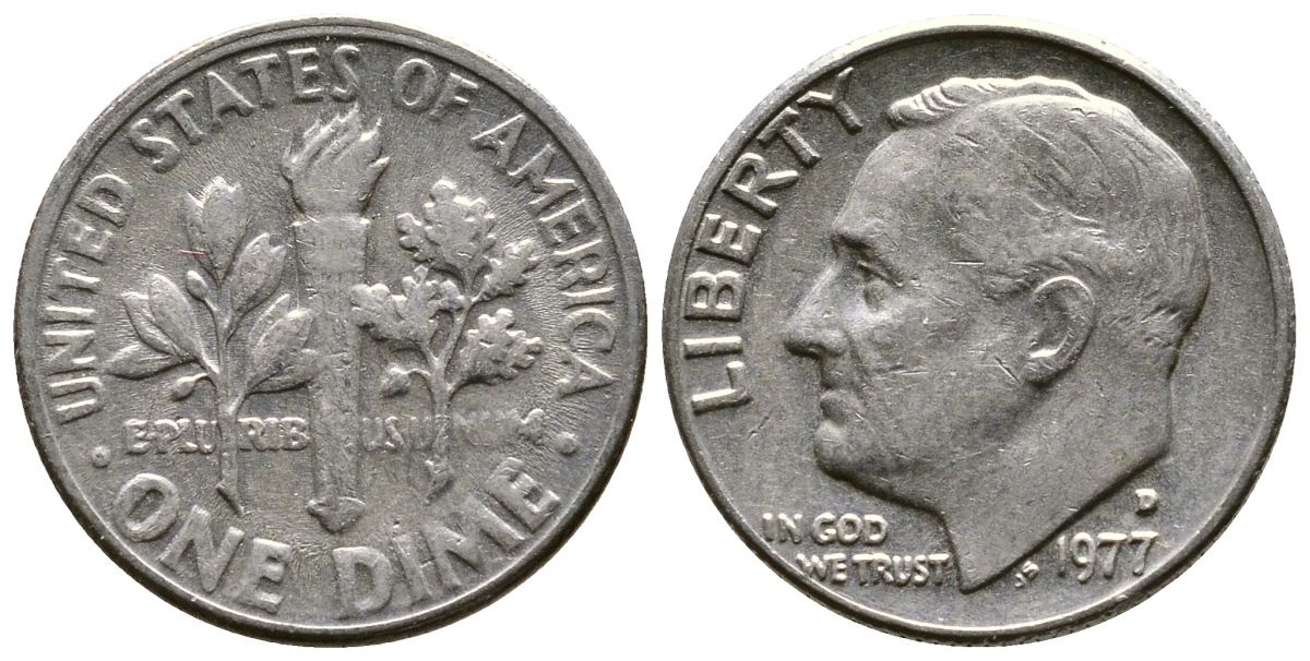 США 10 ЦЕНТОВ = 1 ДАЙМ 1977 D, РУЗВЕЛЬТ KM 195а медь плакированная медно-никелем 73-1721