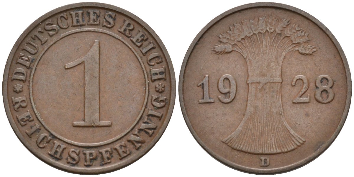 Германия 1 рейхспфенниг 1928 D KM 37, J.313, Weege 2 медь 4585-566