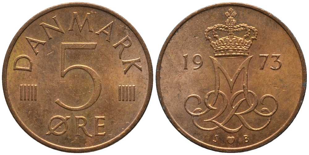 Дания 5 эре 1973 S; B, Маргрете II (1972- ) KM 859.1 железо плакированное медью 116-144